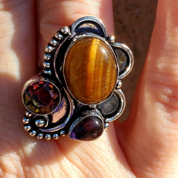 New Tiger Eye, Amethyst and Ametrine 925 Silver Ring. - Picture 10 of 12